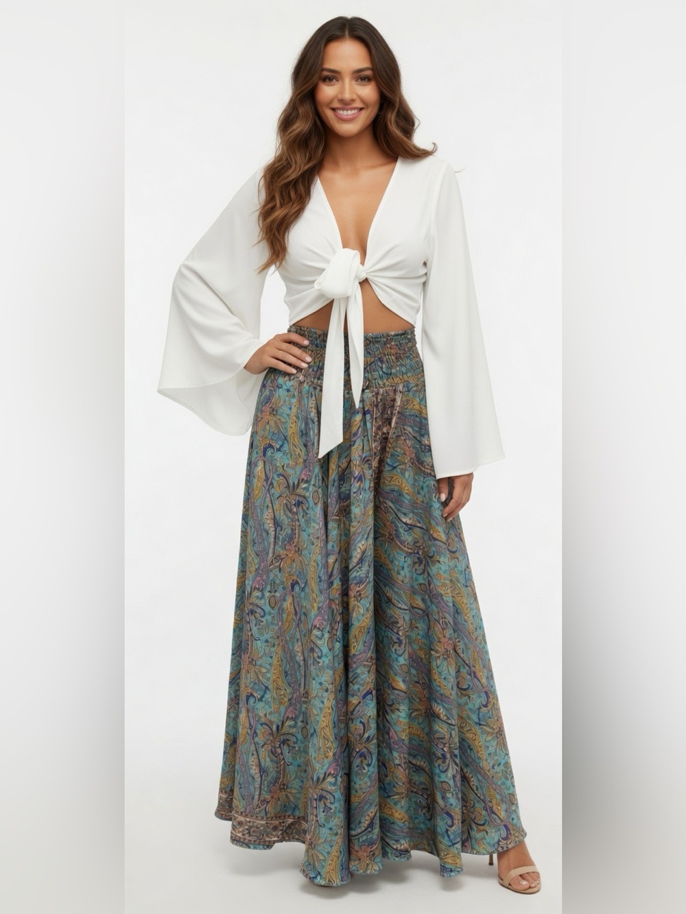 Bohemian Wide-Leg silky Paisley Palazzo Pants one size